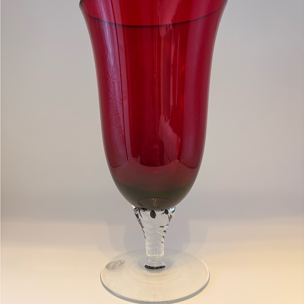 Colony (Czech Republic), Ruby Red Glass With A Clear Decorative Stem. 7.34 Tall